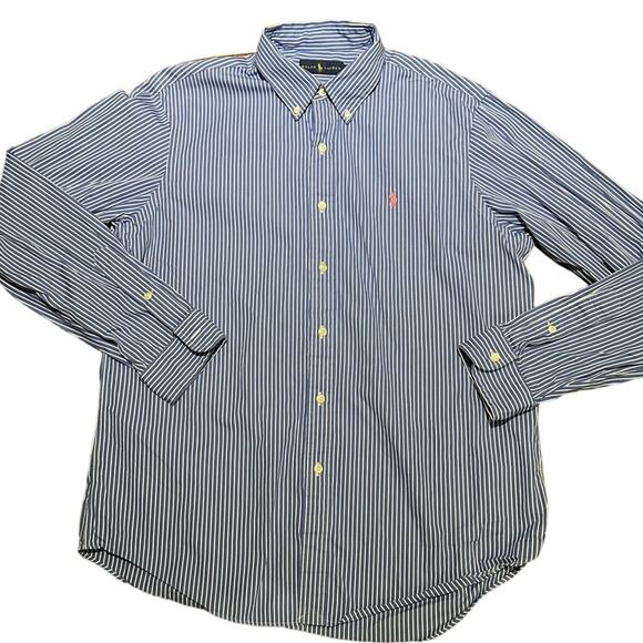 Polo Ralph Lauren Mens Large Blue & White CottonStriped Button Down Collar Shirt - Picture 1 of 5